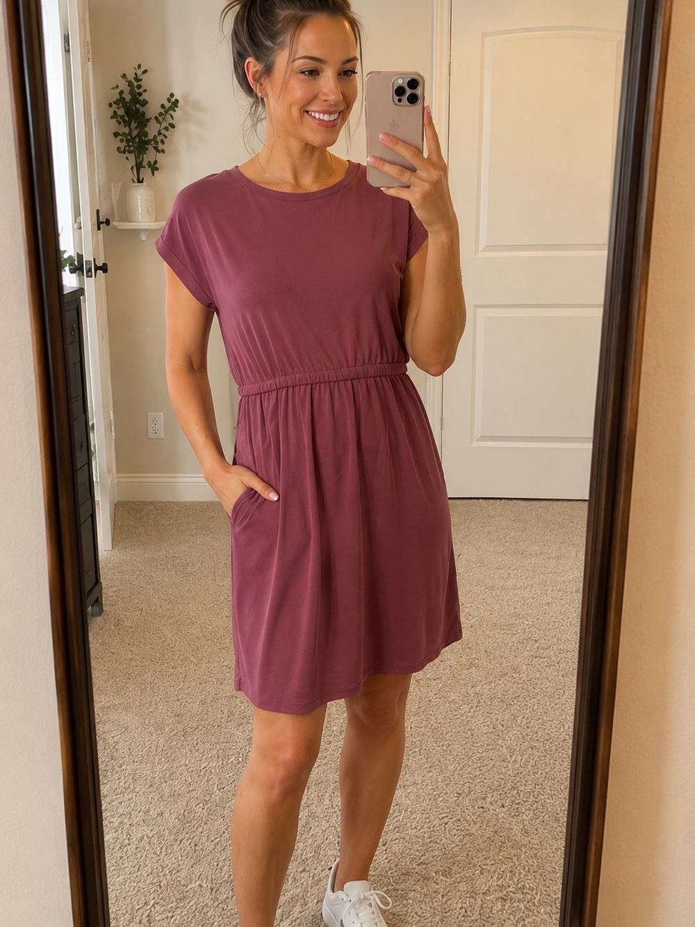 Casual Gathered Waist Short Sleeve Dress - Mauve